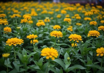 Obraz premium Field of vibrant yellow zinnia flowers blooming brightly among green foliage in a summer garden.