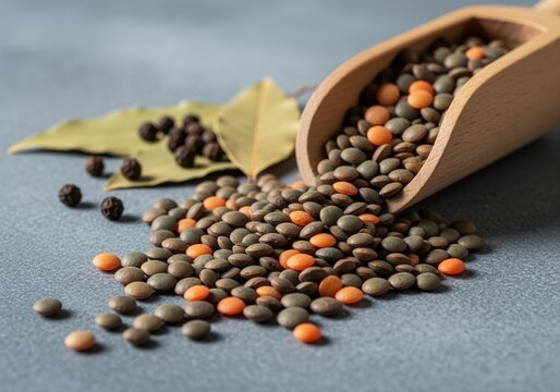 Dry mixed lentils pouring from a rustic wooden scoop with bay leaves and peppercorns - Powered by Adobe