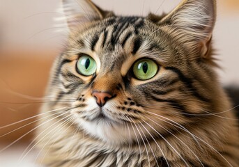 Close up portrait of a beautiful long haired tabby cat with stunning bright green eyes.