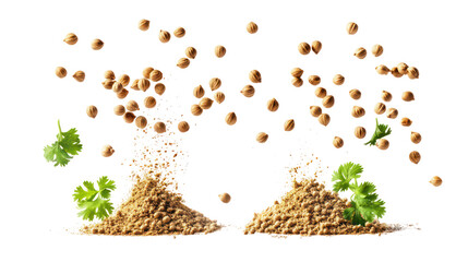 Falling coriander seeds and leaves isolated on transparent background