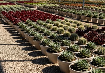 Long rows of potted succulents and cacti growing in a commercial greenhouse nursery.