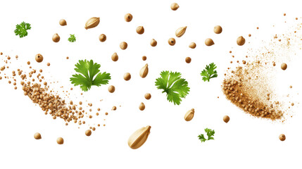 Various spices and herbs flying in the air isolated on transparent background