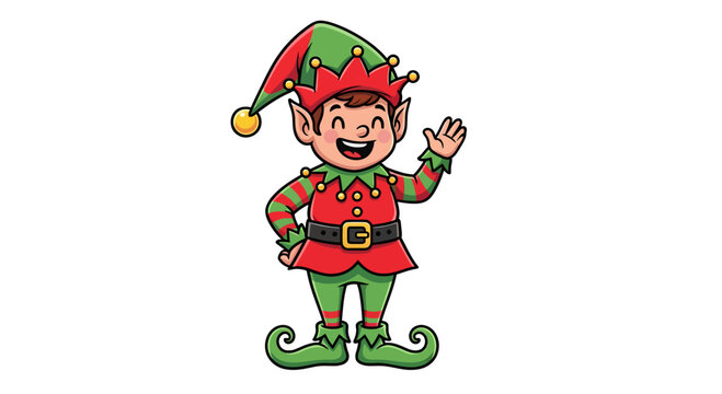Happy cartoon Christmas elf in a festive green and red suit waving hello with a cheerful smile. Holiday character illustration isolated on white