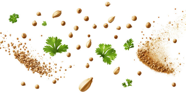 Various spices and herbs flying in the air isolated on transparent background - Powered by Adobe