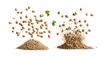 Two piles of grains and seeds falling isolated on transparent background