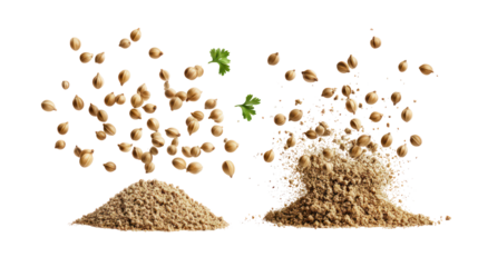 Two piles of grains and seeds falling isolated on transparent background