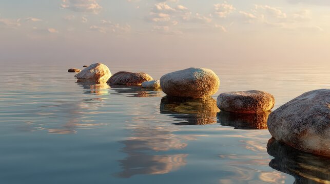 Serene Coastal Scene with Stone Pathway Leading to Horizon under Soft Cloudy Sky - Powered by Adobe