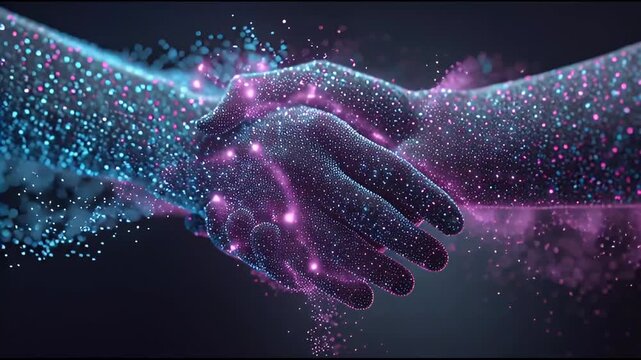 A digital handshake symbolizing a futuristic partnership, with glowing blue and purple particles forming a connection in cyberspace