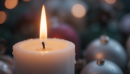 Close up of a candle flame with christmas ornaments creating a warm and festive holiday atmosphere