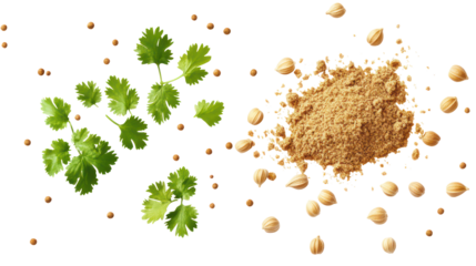 Fresh cilantro leaves and ground coriander spice isolated on transparent background