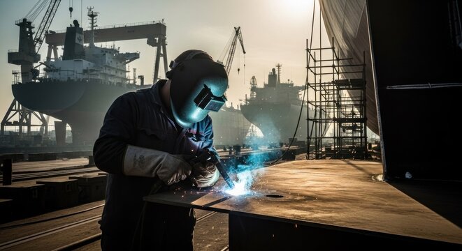 A welder wearing a protective helmet and welding mask, using a welding torch to weld a piece of metal in a shipyard setting.