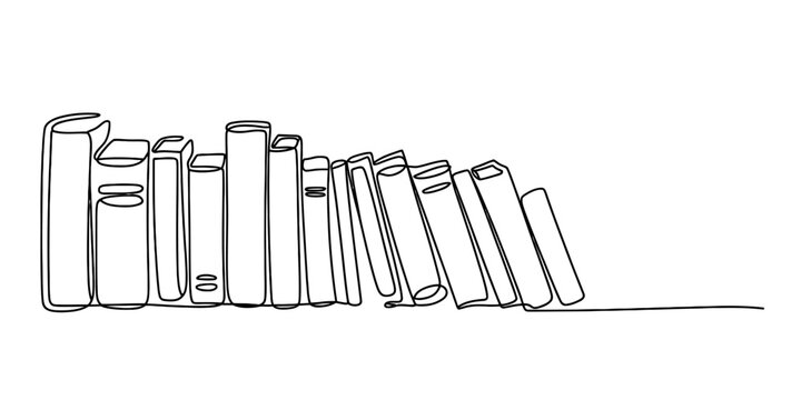 Continuous one line drawing of a diverse collection of books on a shelf, upright and leaning, representing education, knowledge, and literary wisdom.