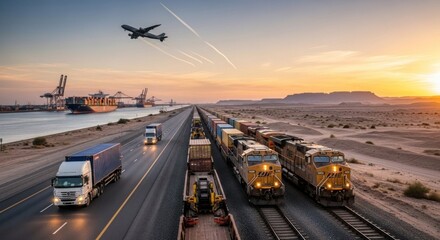 Obraz premium A train and a truck traveling on a desert road at sunset, with a mountain range in the background.