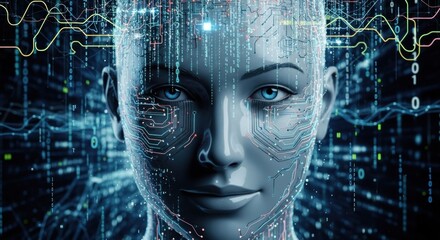 A futuristic, humanoid robot with a circuit board design, surrounded by digital data and binary code, set against a dark, technological background.