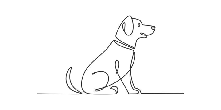 Modern continuous line art illustration of a sitting dog with a collar, simple and elegant vector graphic for pet related projects and designs. 