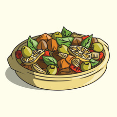 Illustration of Delicious Mediterranean Food Tajine on Earthenware