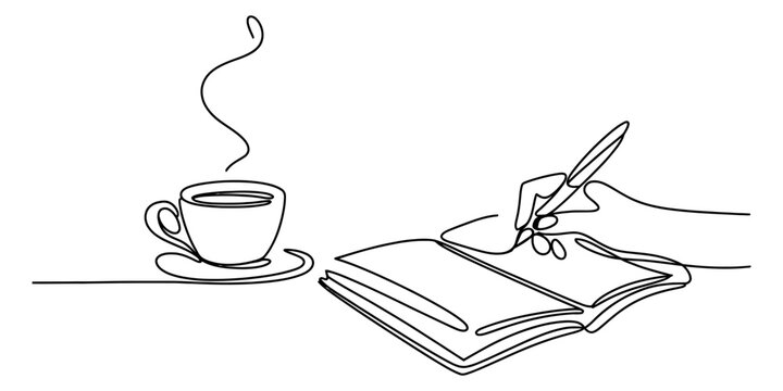 Continuous line drawing of a hand writing in an open notebook beside a steaming hot cup of coffee, symbolizing creativity, work, and focus