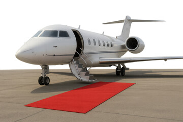 Private jet on tarmac featuring open door and stairs with red carpet leading to executive aircraft, transparent background