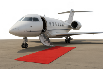 Private jet on tarmac featuring open door and stairs with red carpet leading to executive aircraft, transparent background