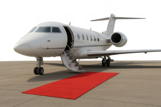 Private jet on tarmac featuring open door and stairs with red carpet leading to executive aircraft, transparent background - Powered by Adobe