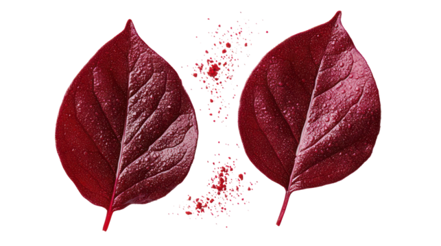 Two glossy red leaves with veins isolated on transparent background