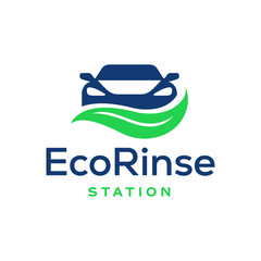 Fototapeta premium Eco-friendly car wash logo with clean vehicle silhouette and flowing green water waves in a modern minimal style. Editable Vector File 
