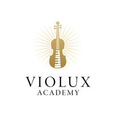 Elegant violin and piano fusion logo with radiant golden rays, symbolizing harmony, music education, and artistic excellence. Editable Vector File  © Shoimatun