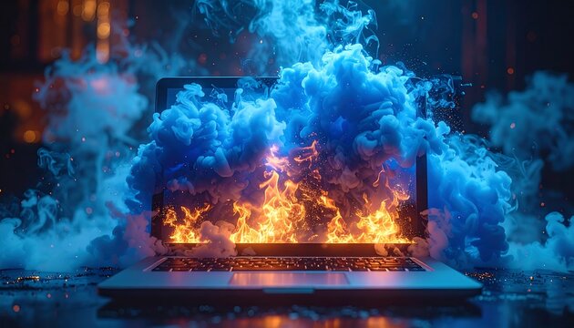 A laptop screen displays fire and smoke, possibly symbolizing a computer malfunction. Blue smoke emanates, with flames