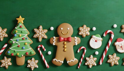 Fototapeta premium christmas gingerbread cookies on green background with copy space