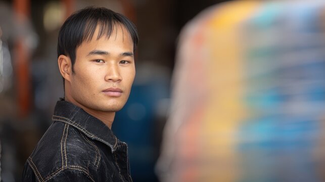Thoughtful young man with short hair gazes into the distance in an urban environment - Powered by Adobe