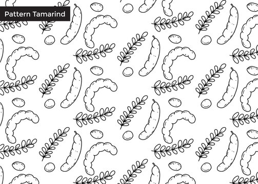 Seamless pattern featuring tamarind pods, seeds, and leaves in a simple, outlined, black and white design.