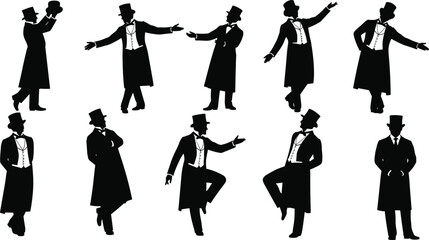 Black silhouettes of men in formal wear and top hats in various poses tuxedo