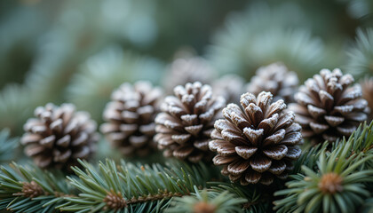 Pinecones with frost on a blue spruce branch create a winter holiday season natural background