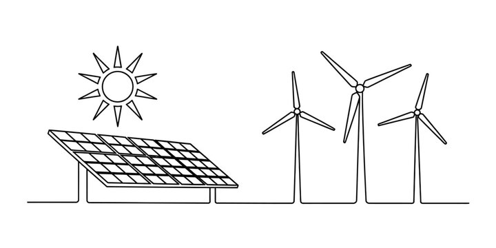Minimalist continuous line art of sustainable energy: sun, solar panel, and wind turbines, illustrating a future powered by clean, renewable resources.