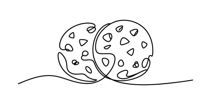 Minimalist one line art drawing of two delicious chocolate chip cookies, a sweet baked dessert snack, perfect for a sweet treat illustration.