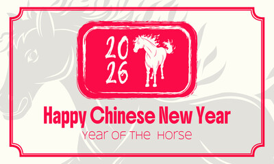 Minimal Chinese New Year 2026 design with bold red accents, a stylized horse, and modern brush-text numbers on a clean cream background. Ideal for festive cards, banners, and digital greetings.