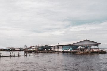 Village huts houses on stilts in the water Amazonas Brazil.