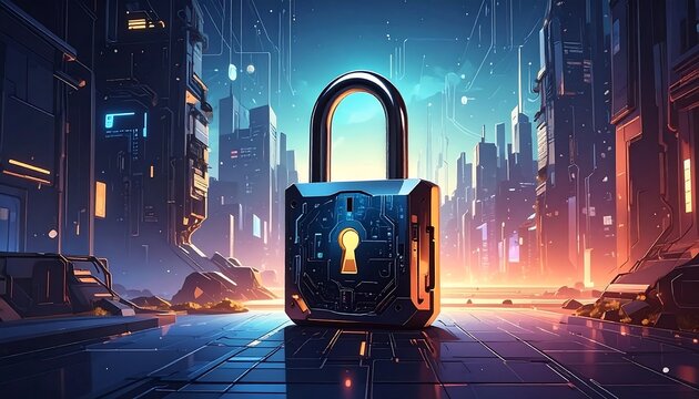 A large, metallic padlock with glowing circuitry in the center of a futuristic city with technological pathways