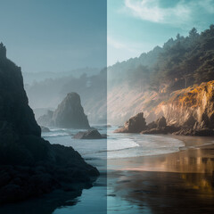photo pair showing different lighting with rocks towering up from the ocean on the beach 