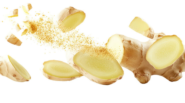 Fresh ginger root slices and powder flying isolated on transparent background