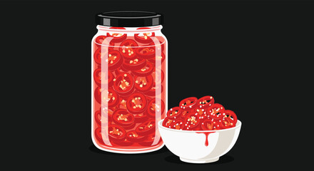 Jar of Cherries and Bowl of Cherries on Black Background.