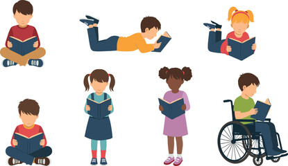 Diverse children reading books in various poses and clothing diversity boys