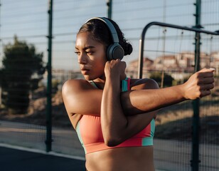 A female athlete wearing headphones stretching in the park