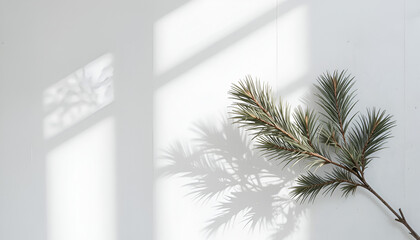 Minimalist aesthetic featuring pine branch and window shadows on a clean white surface backdrop