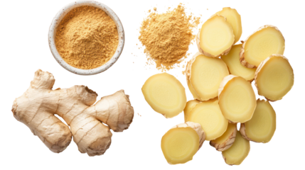 Fresh ginger root powder and slices isolated on transparent background