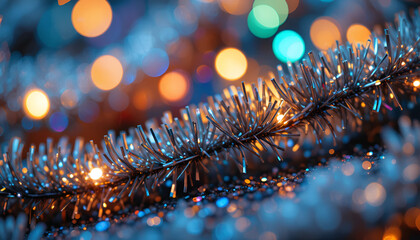 Festive christmas tinsel garland with bokeh lights creating a magical holiday atmosphere indoors