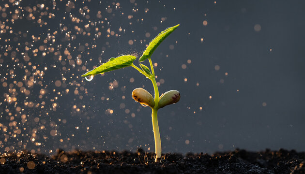The First Drops of Rain. A dramatic high-speed photorealistic macro shot. A tiny delicate bean sprout (with two leaves) is just being hit by the first large clear droplets of a rain shower.
