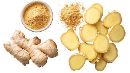Fresh ginger root sliced ground and powdered isolated on transparent background