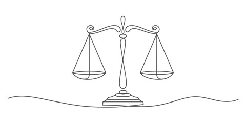 Continuous line art illustration of a classic balance scale, symbolizing justice, equality, and equilibrium. minimalist vector for legal concepts.