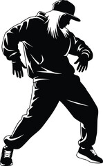 Silhouette of a person in a baseball cap and hoodie dancing with arms outstretched